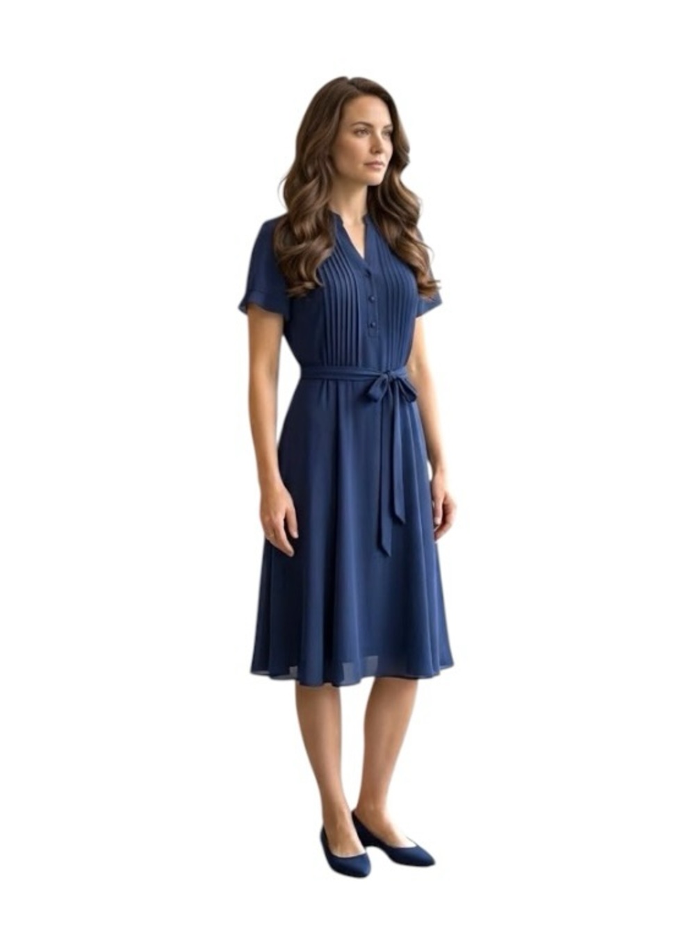 Nanette Lepore Navy Crepe Pleated Tie-Waist Midi Dress Sz 4 Feminine Minimalist